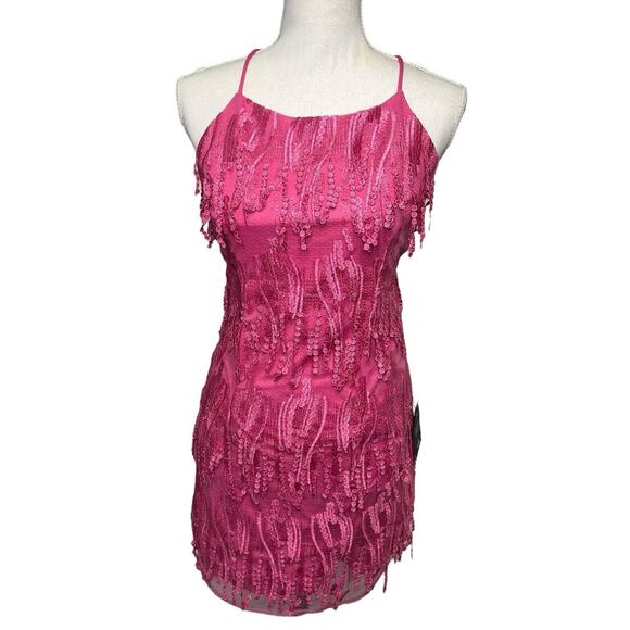 New Lulus Dress Womens M Making Magic Fringe Lace Up Mini Overlay Bright Pink - Picture 2 of 16